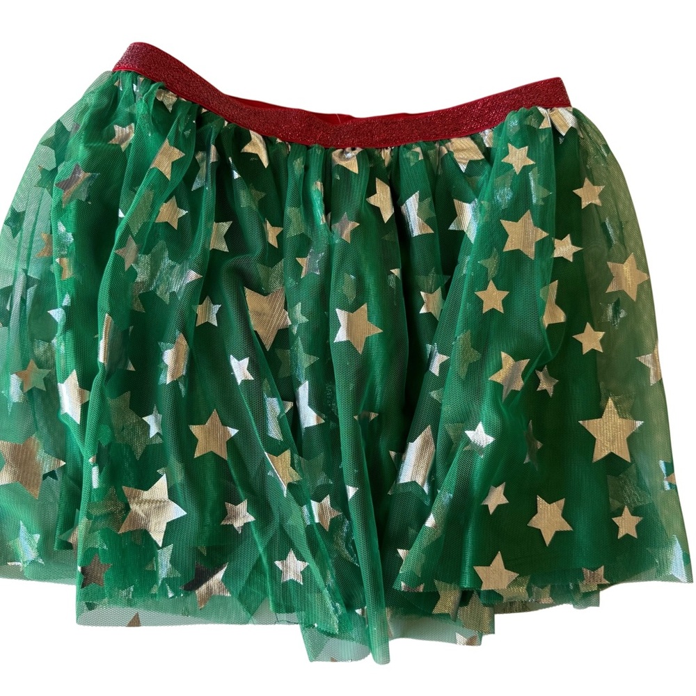 Kid Girls L 10/12 Plus size Green Starry Skirt with Red Waistband